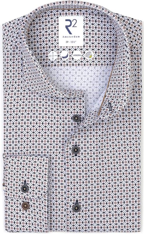 R2 - Overhemd - Beige Blauw - Poplin Graphical Print - Heren - Formeel