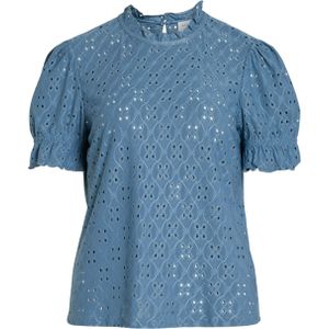 Vila T-shirt blauw (Maat: XS) - Effen - Halslijn: Opstaande kraag,