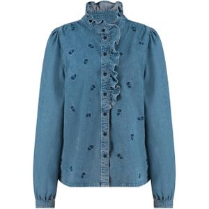 Studio Anneloes Lola embroidery denim blouse broek blauw (Maat: XS) - Halslijn: Opstaande kraag,