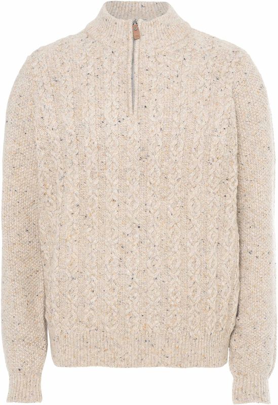 Fynch-Hatton Heren trui met rits beige (Maat: S) - MélangeKabelpatroon - Halslijn: Opstaande kraag met rits,