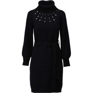 K-Design Dames jurk zwart (Maat: M) - Effen - Halslijn: Col,