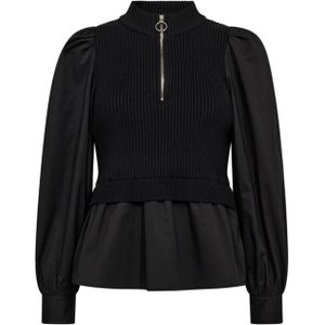 Co'Couture Dames trui zwart (Maat: XS) - Effen - Halslijn: Opstaande kraag met rits,