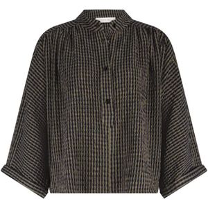 Nukus Dames blouse blauw (Maat: XS) - Ruit - Halslijn: Opstaande kraag,