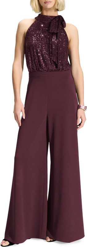 Swing jumpsuit bordeaux (Maat: 38) - Glitter - Halslijn: Opstaande kraag,