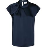 Neo Noir - Fleur Drapy Satin Blouse - Blauw - Dames Top - Opstaande Kraag