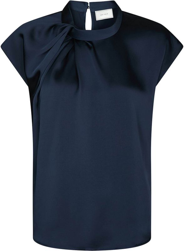 Neo Noir - Fleur Drapy Satin Blouse - Blauw - Dames Top - Opstaande Kraag