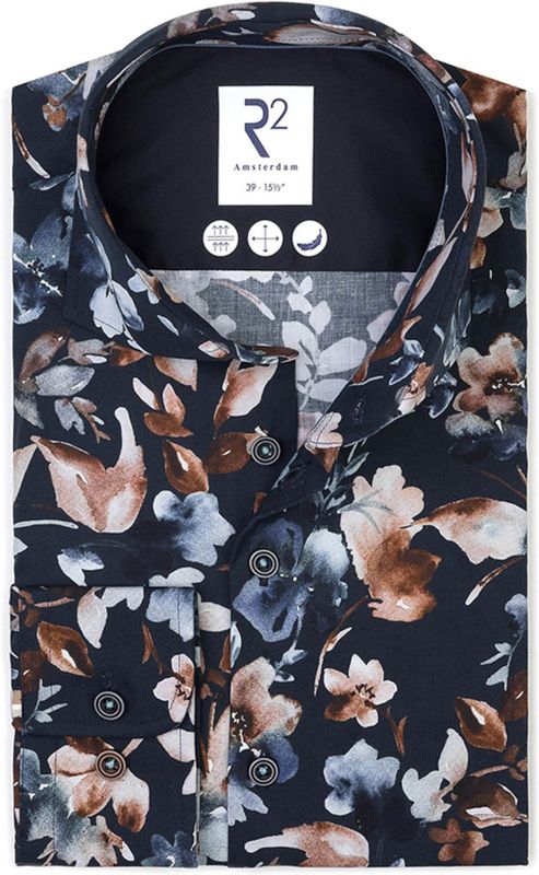 R2 Amsterdam Overhemd donkerblauw, Bloemen