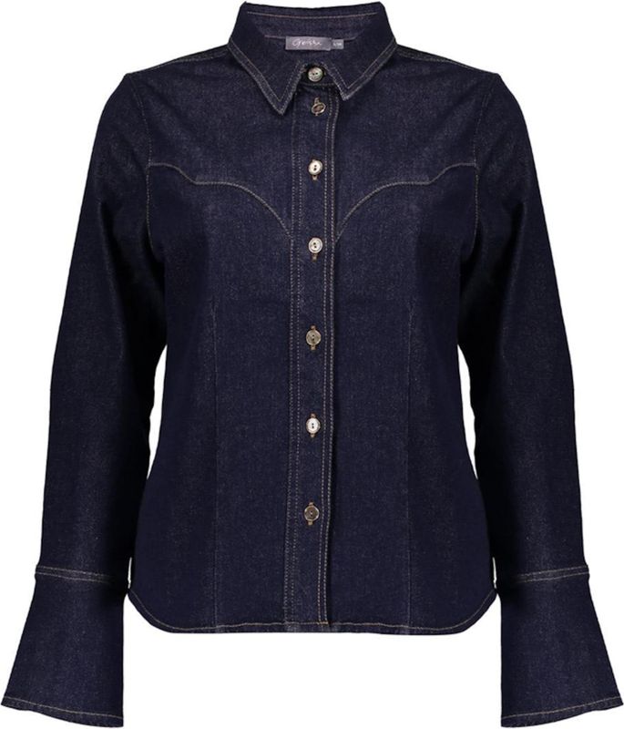 Geisha Dames blouse blauw (Maat: S) - Effen - Halslijn: Polokraag,