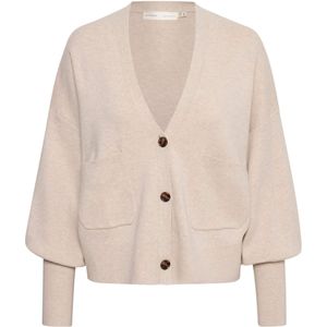 InWear - Truien - Dames - Beige - Katoen - Gebreid Vest met V-hals en Knoopsluiting