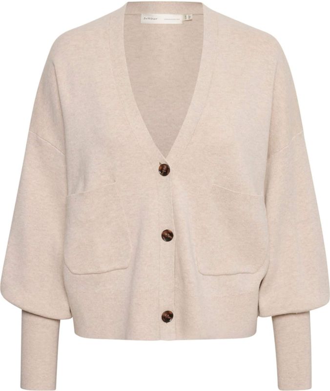 InWear - Truien - Dames - Beige - Katoen - Gebreid Vest met V-hals en Knoopsluiting