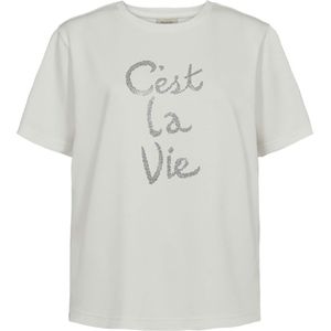 Freequent Dames t-shirt ecru (Maat: S) - Tekst - Halslijn: Ronde hals,