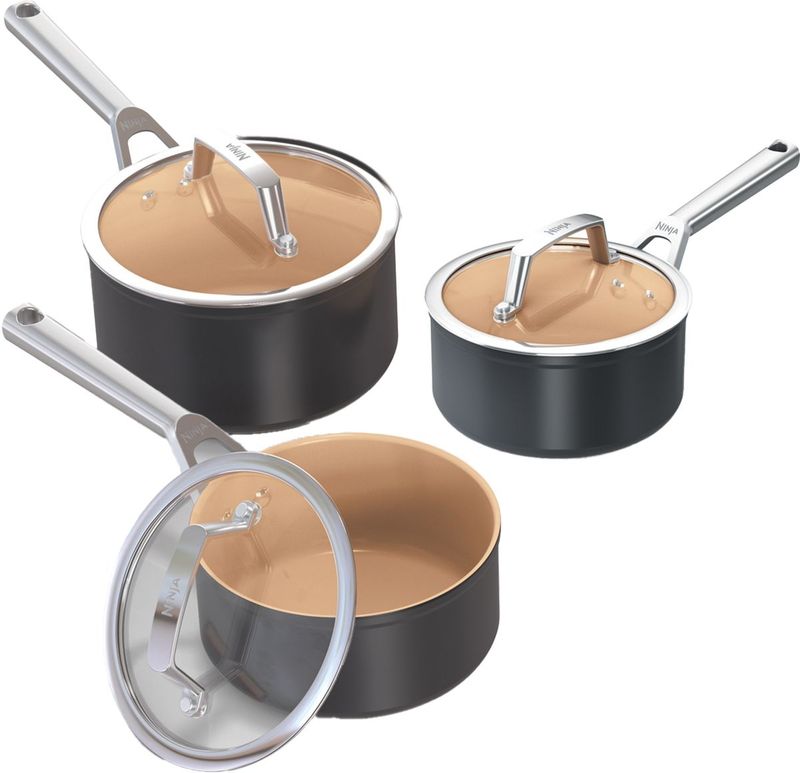 Ninja CW93000DE Premium Keramik grau | Topf-Set | 16 cm Topf | 18 cm Topf | 20 cm Topf | Spülmaschinengeeignet | Für alle Herdarten | backofenfest