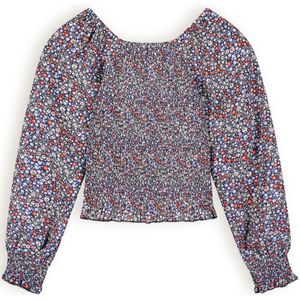 Meisjes blouse smocked bloemen - Tessa - Grijs navy blauw