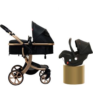 Bellaby Nieuwe Luxe Kinderwagen 3 In 1 Kinderwagen Met Autostoel- Zwartgoud