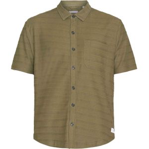 Knowledge Cotton Apparel - Blouses - Loose Short Sleeve Cotton Solid Striped Jersey Shirt Burned Olive voor Heren van Katoen - Maat M - Kaki
