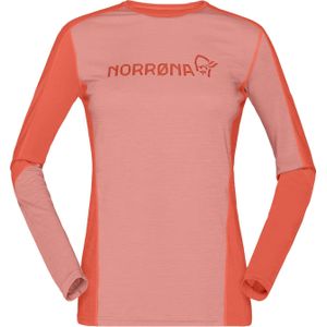 Norrona - Dames thermokleding - Falketind Equaliser Merino Round Neck W'S Peach Amber/Orange Alert voor Dames van Wol - Maat S - Roze