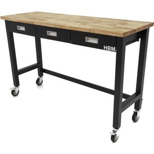 HBM Professionele 152 Cm. Verrijdbare Werkbank Met 3 Laden en Massief Houten Werkblad