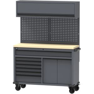 HBM verrijdbare werkbank 136 cm met 7 laden en bovenkast, grijs