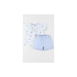 Set met geborduurde bloemenblouse + short, ecru/lichtblauw