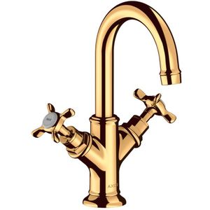 AXOR Montreux 2-Griff Waschtischarmatur 160 mit Kreuzgriffen für Handwaschbecken Zugstangen-Ablaufgarnitur Polished Gold Optic, 16505990