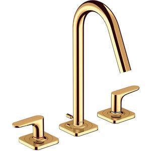 AXOR Citterio M 3-Loch Waschtischarmatur 160 mit Hebelgriffen, Rosetten und Zugstangen-Ablaufgarnitur Polished Gold Optic, 34133990