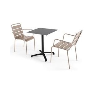 Oviala Business Set van grijze leisteen laminaat tuintafel en 2 taupe fauteuils - Oviala - grijs Metaal 108235