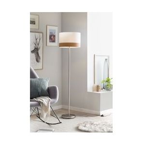 SalesFever Staande lamp rond | 1-lamp | lampenkap stof met houtdecor | metalen frame | B 38 x D 38 x H 151 cm | wit-houtlook - wit Metaal 394007