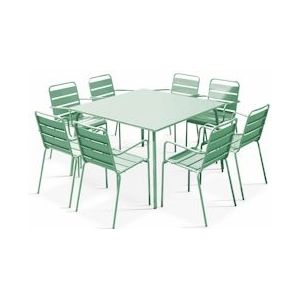 Oviala Business Vierkante eettafel en 8 saliegroene metalen armstoelen - Oviala - groen Staal 109283