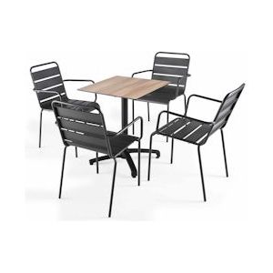 Oviala Business Donkere eiken laminaat terrastafel en 4 grijze fauteuils - Oviala - grijs Metaal 110161
