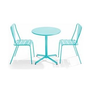 Oviala Business Ronde tafel en 2 turquoise metalen terrasstoelen - Oviala - blauw Staal 109499