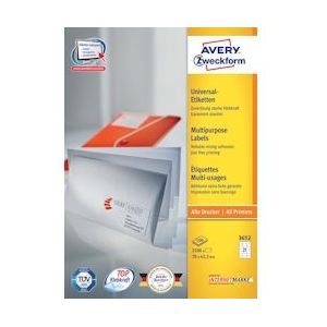 Avery Zweckform 3652, Universele etiketten, Ultragrip, wit, 100 vel, 21 per vel, 70 x 42,3 mm - wit Papier 3652