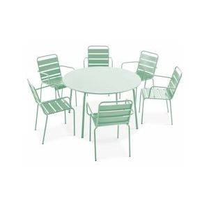 Oviala Business Ronde terrastafel en 6 saliegroene stalen fauteuils - Oviala - groen Staal 109254