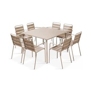 Oviala Business Vierkante terrastafel en 8 taupe metalen fauteuils - Oviala - grijs Staal 104716