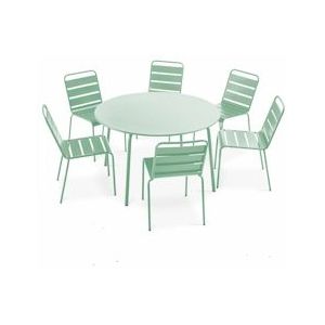 Oviala Business Set van 6 ronde tuintafel en stoelen in saliegroen metaal - groen Staal 109250