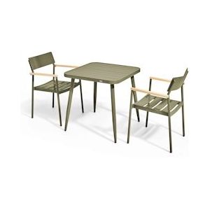 Oviala Business Set van tuintafel en 2 armstoelen in kakigroen aluminium/hout - Oviala - groen Aluminium 108679