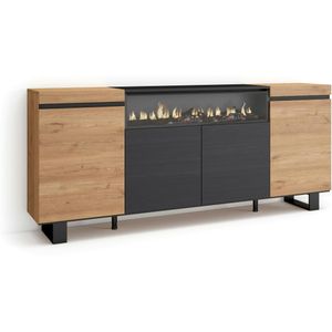 SKRAUT HOME Dressoir, Opbergkast, Buffetkast, Sideboard, 200x35x87cm, 4 Deuren, Elektrische haard, Industrieel design, Moderne stijl, Eiken/Zwart - 62_12 - beige Synthetisch materiaal 62_12