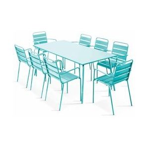 Oviala Business Tuintafel en 8 turquoise metalen fauteuils - Oviala - blauw Staal 109268