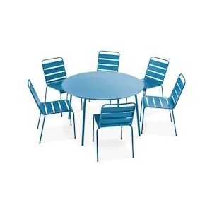 Oviala Business Pacific blauw metalen ronde tuintafel en 6 stoelen set - blauw Staal 106038
