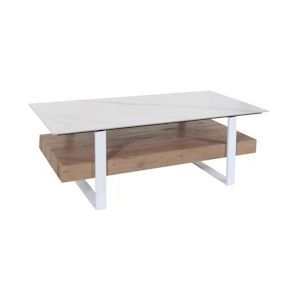 Mendler Salontafel HWC-L88, woonkamertafel Tafel, plank ijzer 43x120x60cm gesinterde steen marmer look wit natuurlijk hout - wit Massief hout 102700