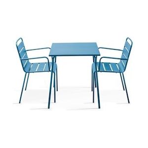 Oviala Business Set van vierkante terrastafel en 2 Pacifisch blauw stalen armstoelen - Oviala - blauw Staal 106011