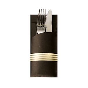 PAPSTAR, Bestekzakjes 20 cm x 8,5 cm zwart/creme "Stripes" inclusief gekleurde servet 33 x 33 cm , 2-laags - meerkleurig Papier 86701