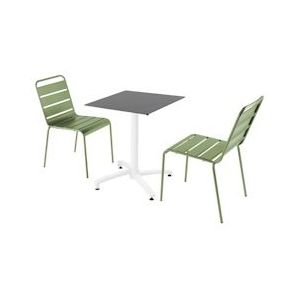 Oviala Business Set van terrastafel in leisteenlaminaat en 2 cactusgroene stoelen - groen Metaal 110679
