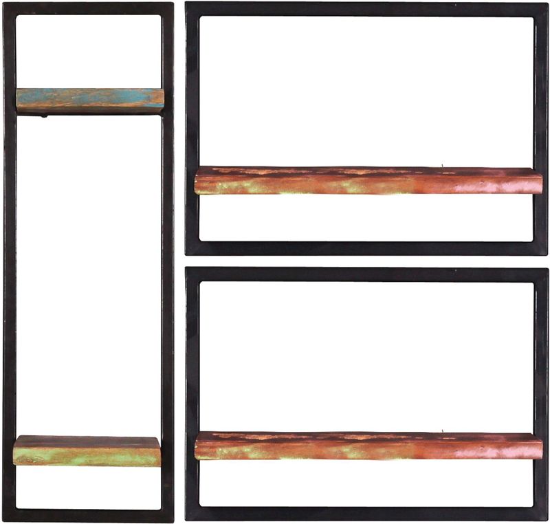 Kleurige Wandplanken - Gerecycled Hout - Antiek Metaal - Set van 3