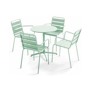 Oviala Business Set van 4 saliegroene metalen fauteuils en tuintafel - Oviala - groen Staal 109202