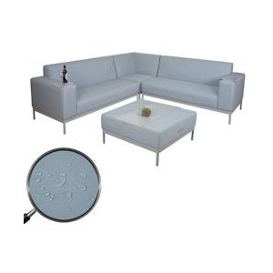 Mendler Hoekbank HWC-C47, sofa lounge bank, stof/textiel indoor waterafstotend 245cm ~ blauw met plank - grijs Textiel 58493+58494+58495+58500
