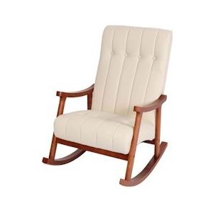 Mendler Schommelstoel HWC-K10, schommelstoel relax ~ kunstleer crème, walnoot-look frame - beige Synthetisch materiaal 86625