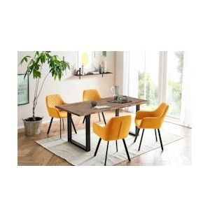 SalesFever eettafel groep 5-delig | 160 x 90 cm | acacia 26 mm walnoot blad | zwart metalen frame | 4 fluwelen stoelen | geel - zwart - 369906