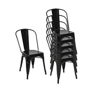 Mendler Set van 6 stoelen HWC-A73, bistrostoel stapelstoel, metalen industrieel ontwerp stapelbaar ~ zwart - zwart Metaal 70791+70808