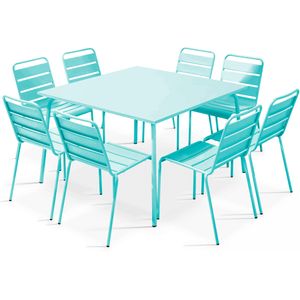 Oviala Business Set van turquoise metalen tuintafel en 8 stoelen - blauw Staal 109280