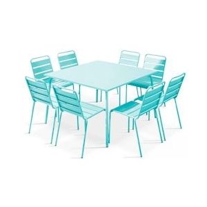Oviala Business Set van turquoise metalen tuintafel en 8 stoelen - blauw Staal 109280